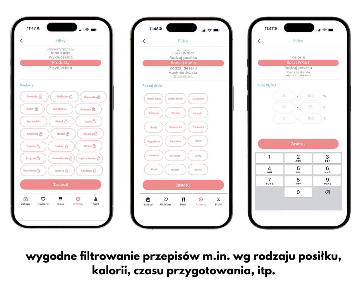 wygodne filtrowanie przepisów m.in. wg kalorii, rodzaju posiłku, czasu przygotowania, itp.